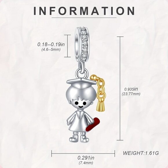 Sterling Silver Graduation Charm Boy Graduate with Cap and Gown Dangle - Picture 2 of 2